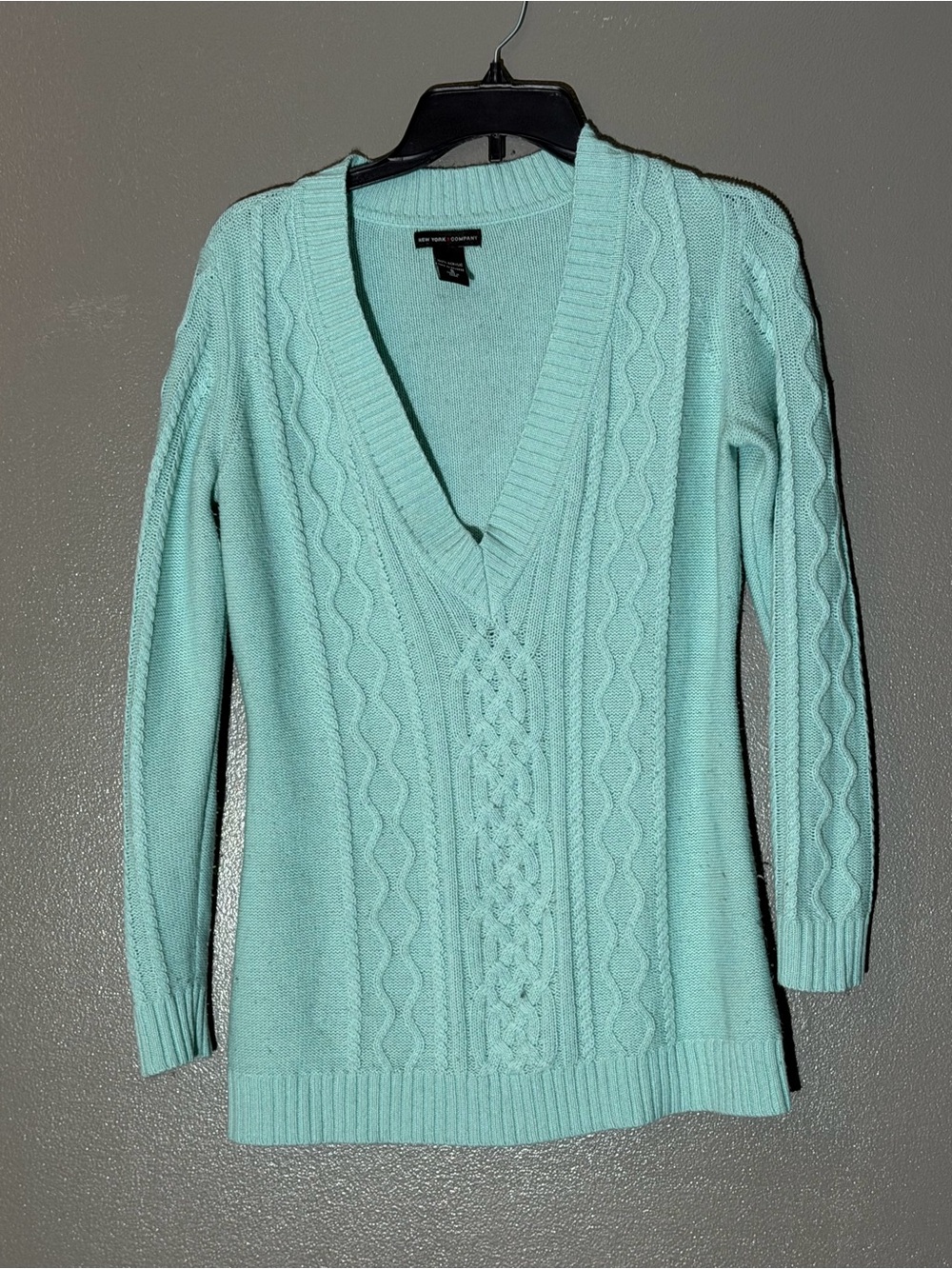 New York & Company Mint Cable Knit V-Neck Sweater